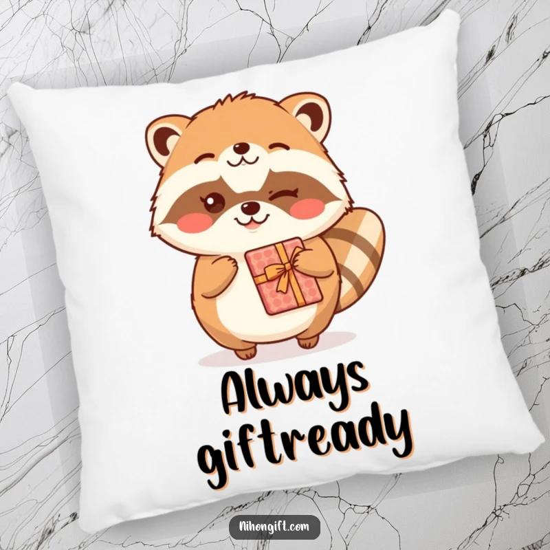 Funny kawaii tanuki character winking and offering a gift on a soft pillow, adding charm.