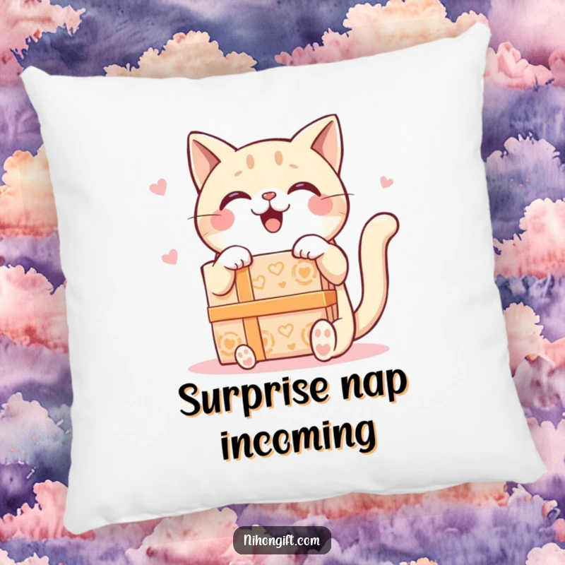 Funny Kawaii Cat Pillow showcasing a happy cat receiving a large, ornate gift box, offering plush comfort and cute humor.