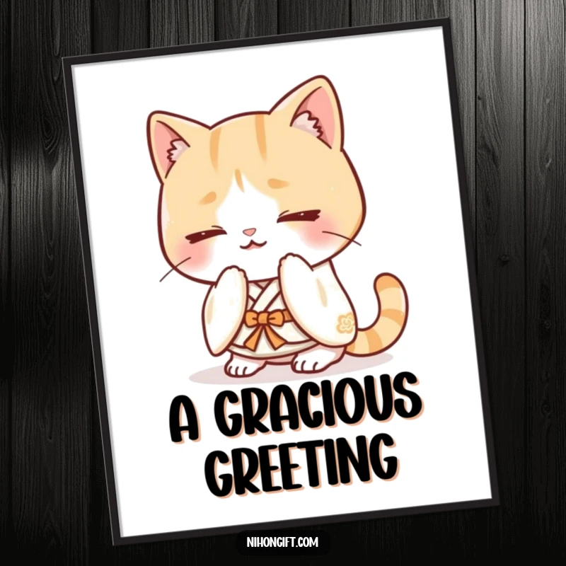 Funny kawaii cat kimono digital art file, bowing happily, ready for printing.