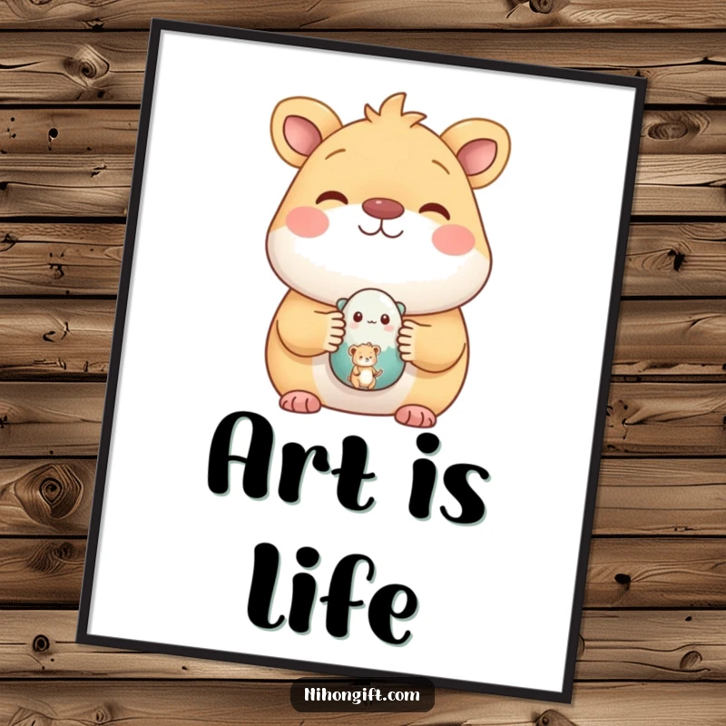 Funny digital art print of a happy animal proudly displaying a small, painted ceramic figure, perfect for immediate wall decor.