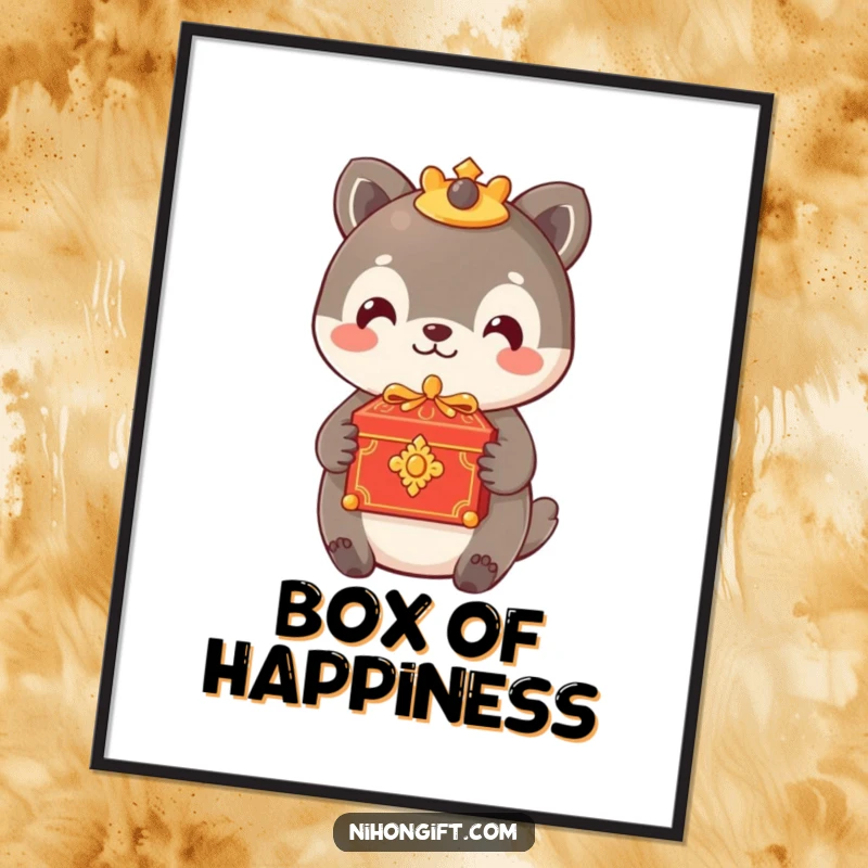 Funny digital art print of an animal offering a small, ornate box with a gentle smile, perfect for thoughtful decor.