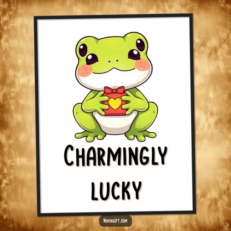 Funny kawaii frog holding a tiny lucky charm gift, rendered as digital art for instant whimsical charm.