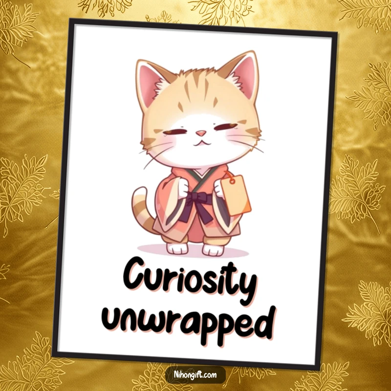 Funny cat kimono digital art print of a curious cat batting at a dangling gift tag, conveying playful charm and humorous feline antics.