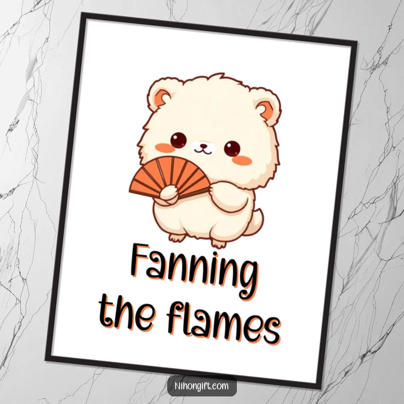 Funny digital art print of a small, fluffy animal presenting a traditional Japanese fan, perfect for humorous decor.