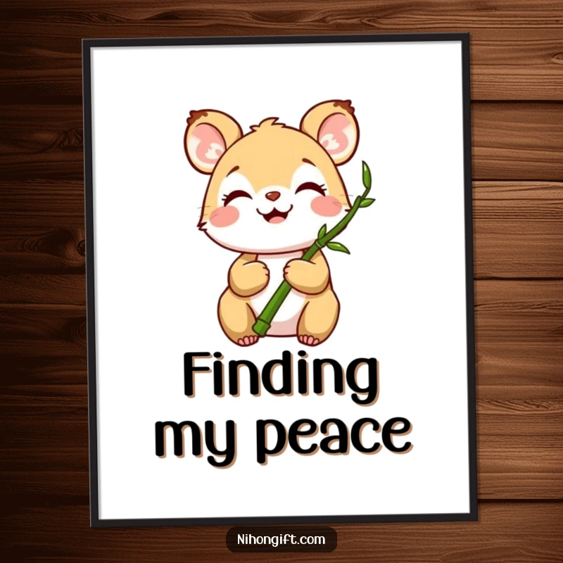 Funny digital art print of a joyful animal holding a miniature bamboo stalk, symbolizing peace and happiness.