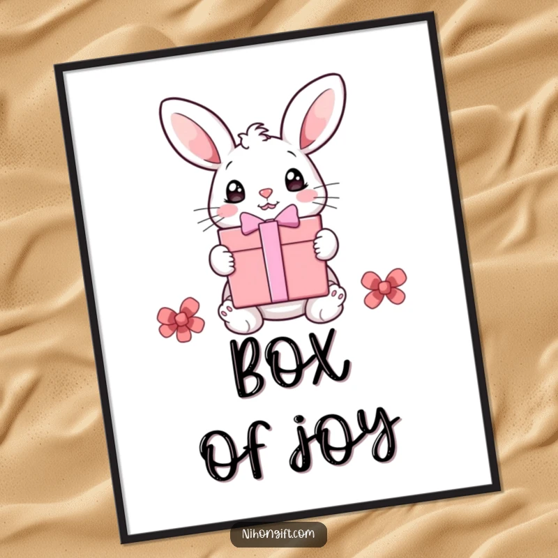 Funny bunny digital art print of a bunny receiving a gift with wide eyes, conveying excitement and humor.