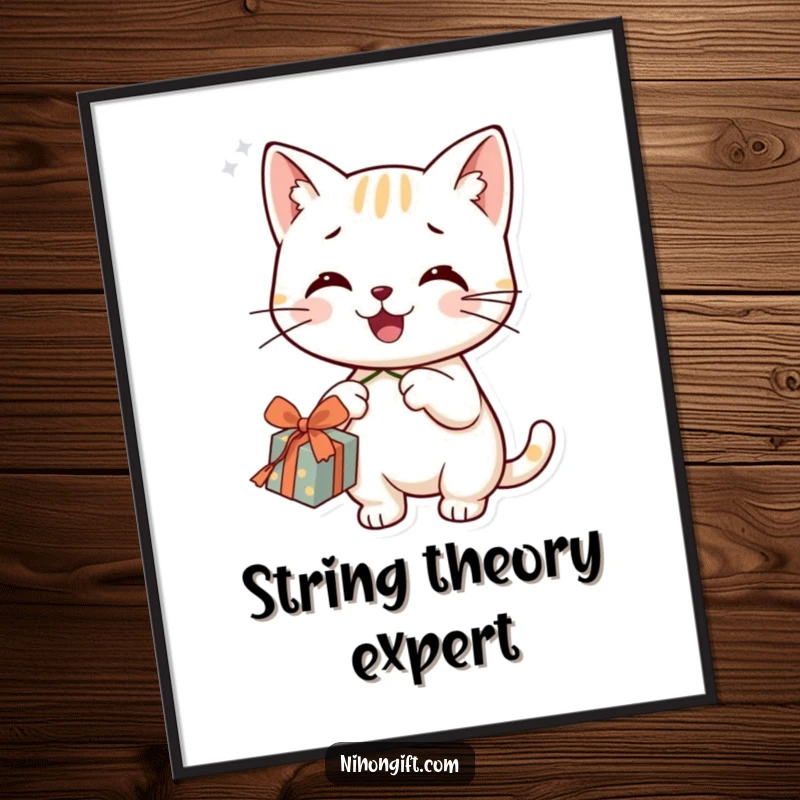 Funny cat digital art print of a smiling character happily dangling a string from a gift, ideal for decor.