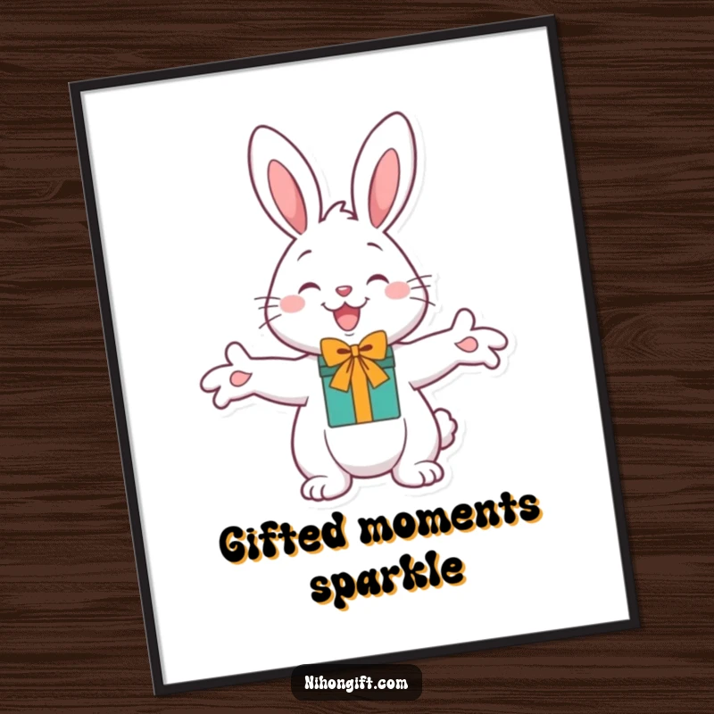 Funny Cheerful Bunny Gift Digital Art Print of a bunny with outstretched paws offering a gift, ready to print.