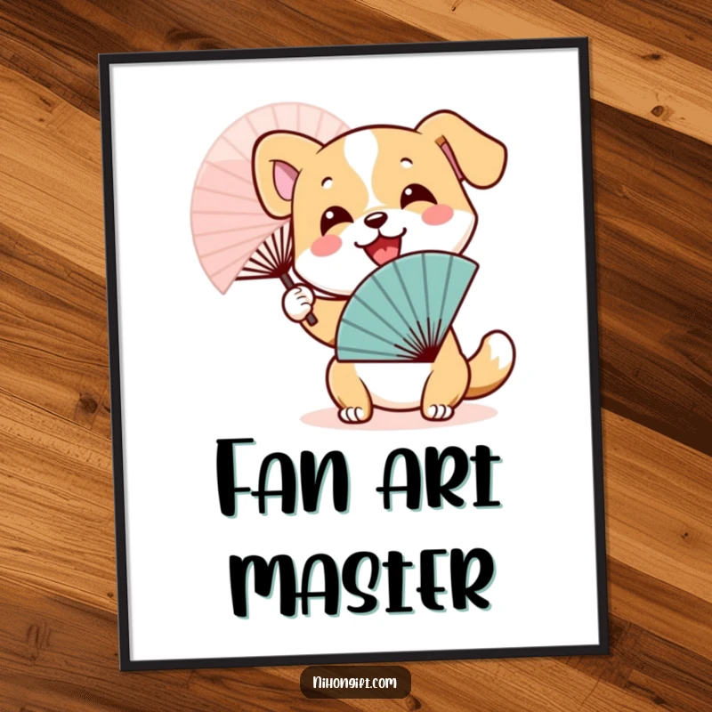 Funny Dog Fan Digital Art: A smiling dog character energetically waving a traditional Japanese fan, full of happiness.