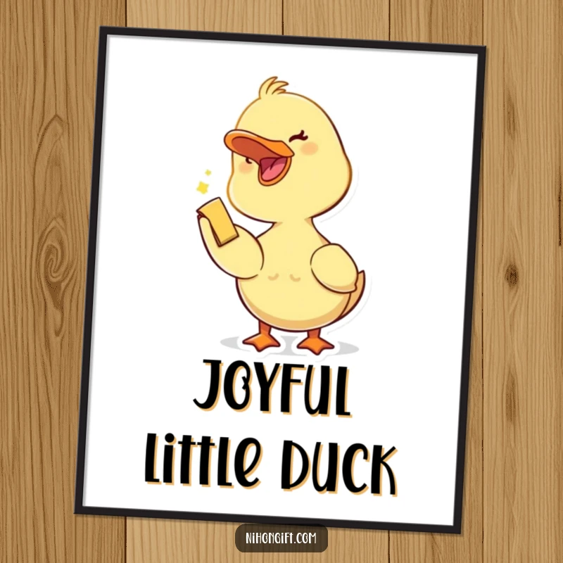 Funny duckling with an open beak joyfully accepting a small trinket, available as a downloadable digital art print.