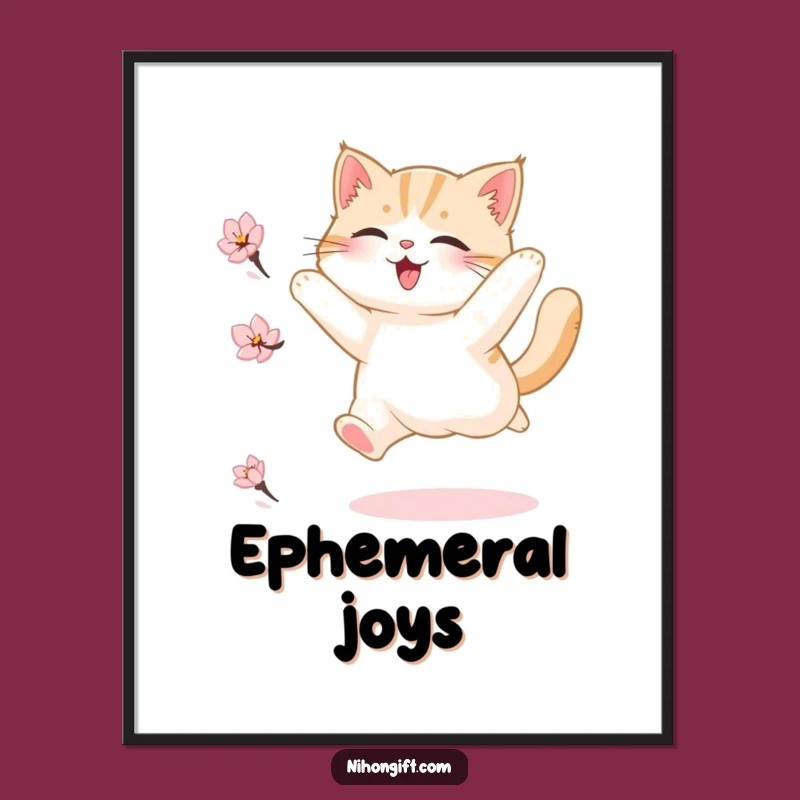 Funny Fluffy Cat Blossom Digital Art Print, Joyful Whimsical Wall Decor Gift