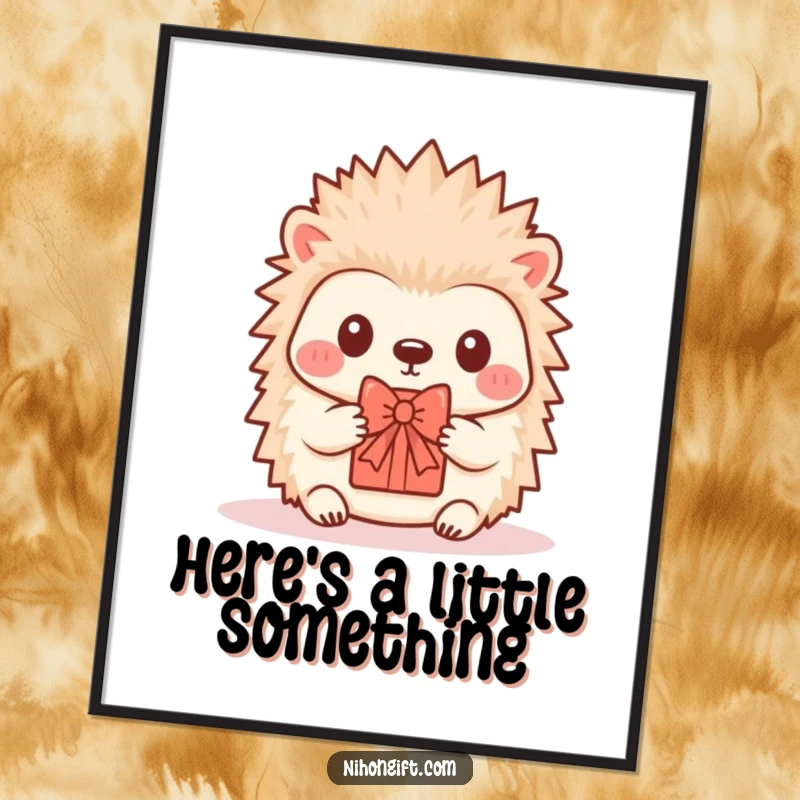 Funny Hedgehog Digital Art: A printable image of a kawaii hedgehog offering a tiny gift with a bow.