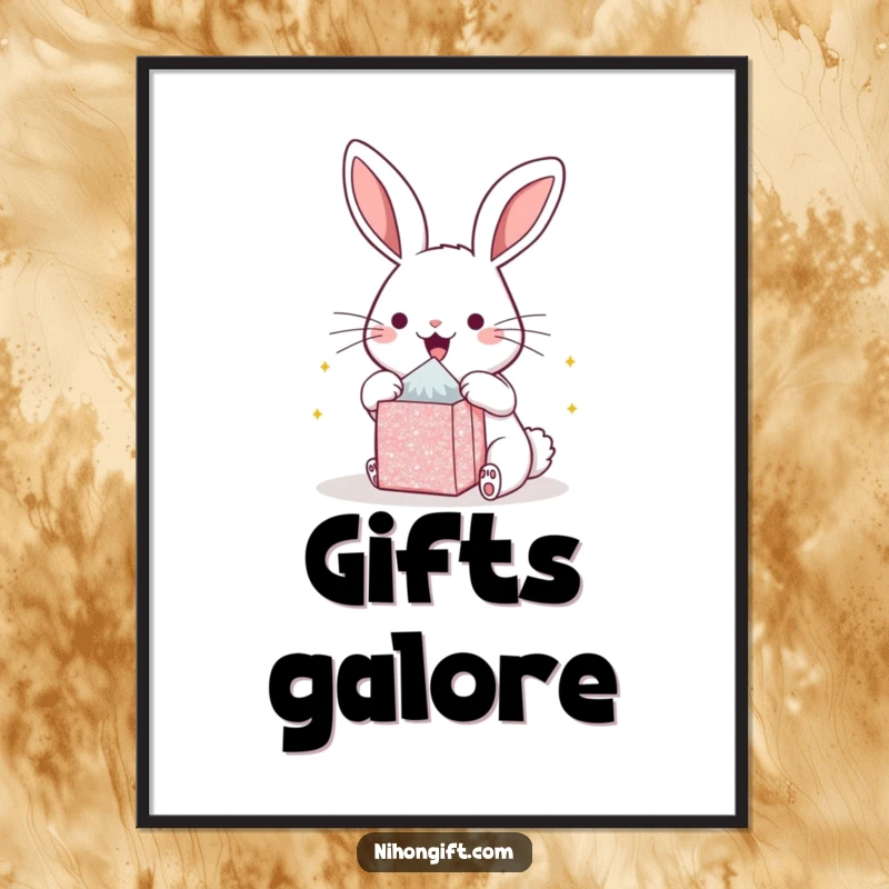 Funny kawaii bunny digital art print, radiating pure excitement while opening a small, sparkling present. Instant joy for walls.