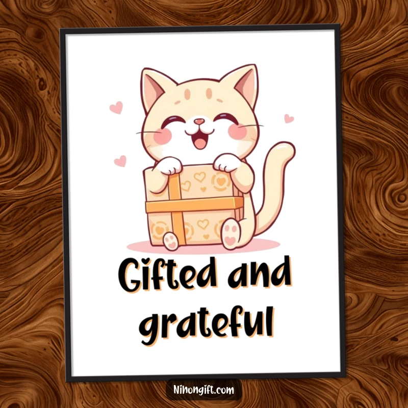 Funny Kawaii Cat Digital Art Print showing a delighted cat receiving a large ornate gift box, bringing instant cheer and smiles.