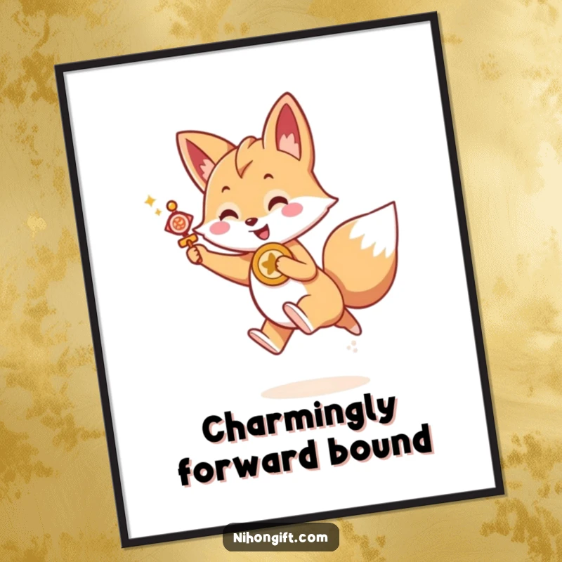 Funny Kawaii fox holding a lucky charm, joyfully leaping forward, as a vibrant digital art print, an instant funny gift.