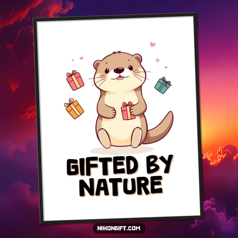 Funny Kawaii Otter Digital Art Print: Charming otter juggling colorful gift boxes, radiating happiness, perfect for download.