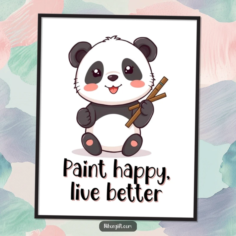 Funny Kawaii Panda Digital Art Print showing a panda painting a smiley face with a calligraphy brush.