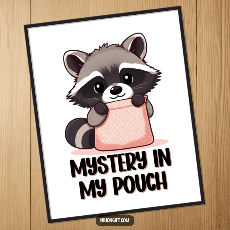 Funny Kawaii Raccoon Digital Art Print showing a cute raccoon peering curiously into a shimmering gift bag, bringing instant wonder and smiles.
