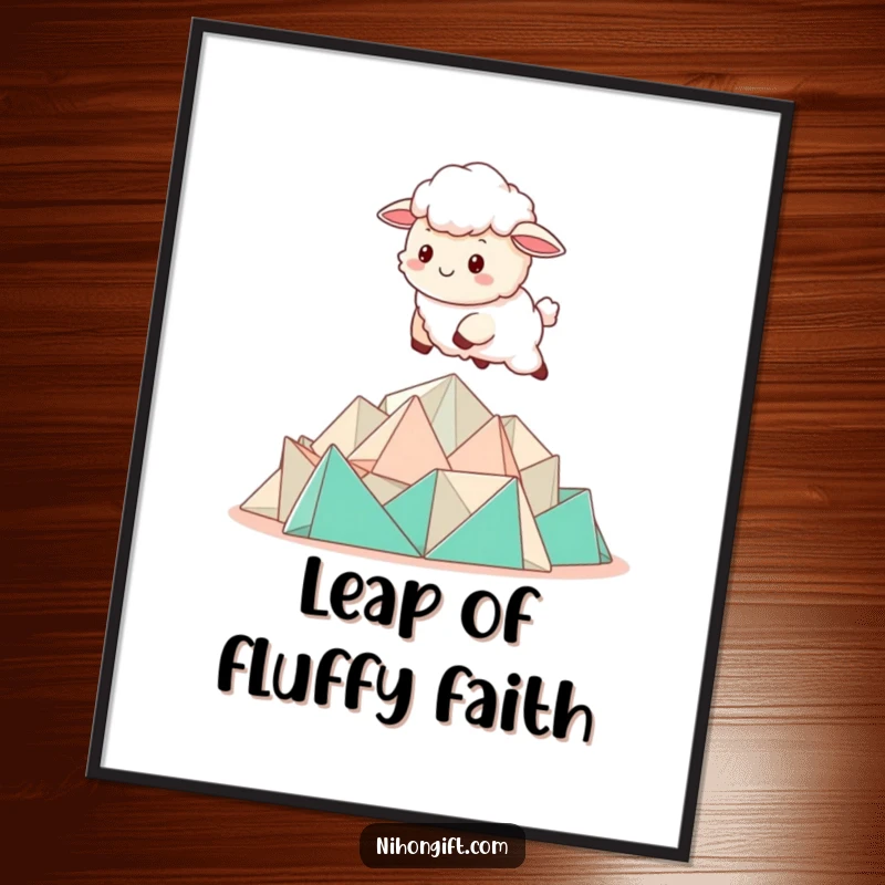 Funny Kawaii Sheep Digital Art Print showing a sheep bounding over a pile of folded origami.