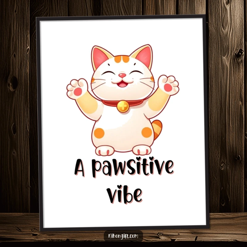 Funny lucky cat digital art print, joyfully waving multiple paws, perfect for instant download and unique wall decor. A vibrant and humorous illustration.