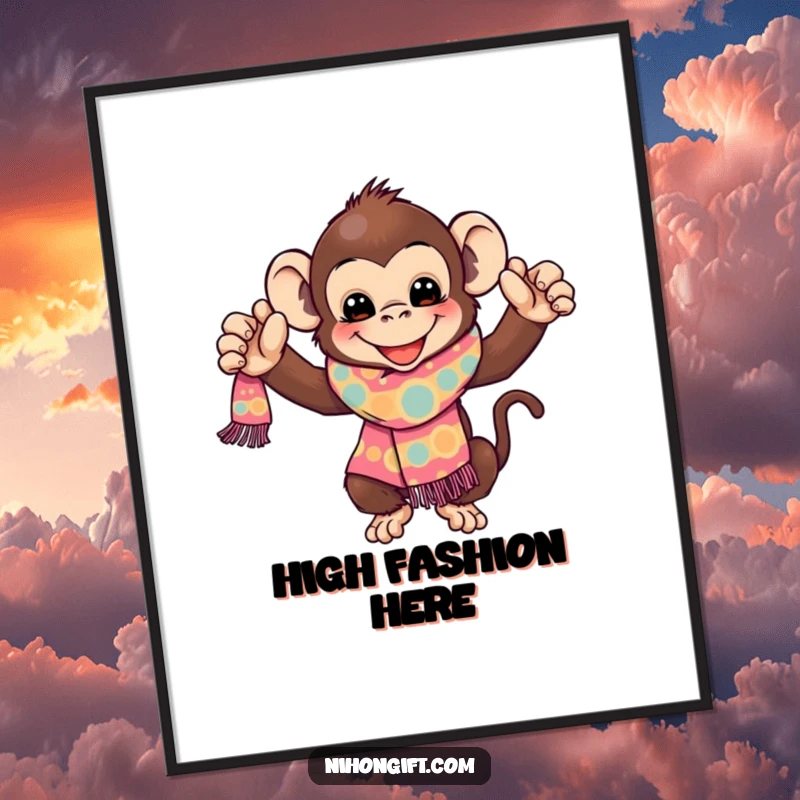 Funny Monkey Digital Art: A gleeful monkey joyfully presents a vibrant, patterned scarf, radiating playful energy and happiness.