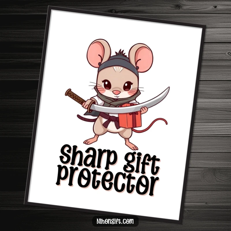 Funny Mouse Katana Digital Art: A small, brave mouse holds a tiny katana, protectively guarding a wrapped gift.