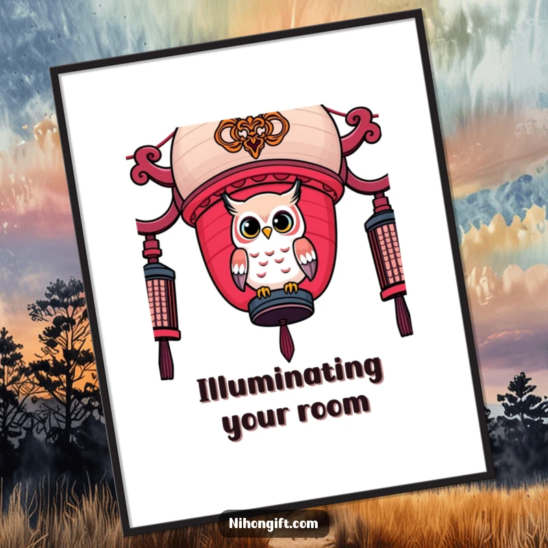 Funny Owl Lantern Digital Art: A printable image of a kawaii owl perched on a decorated Japanese lantern.