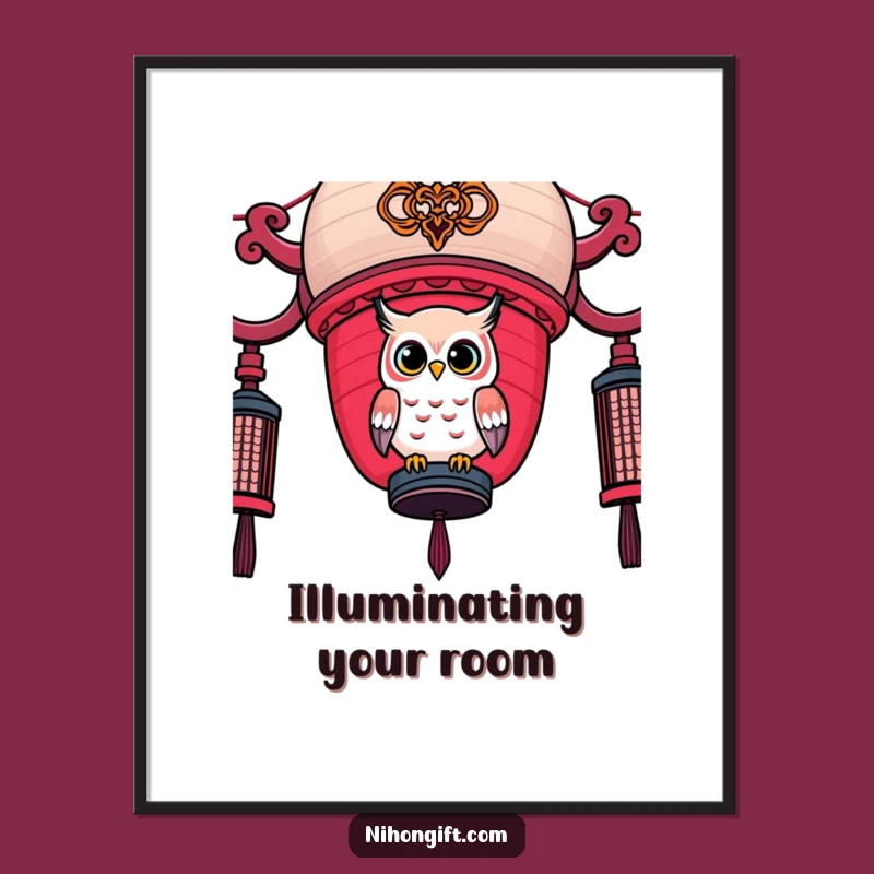 Funny Owl Lantern Digital Art - Kawaii Bird on Japanese Lantern