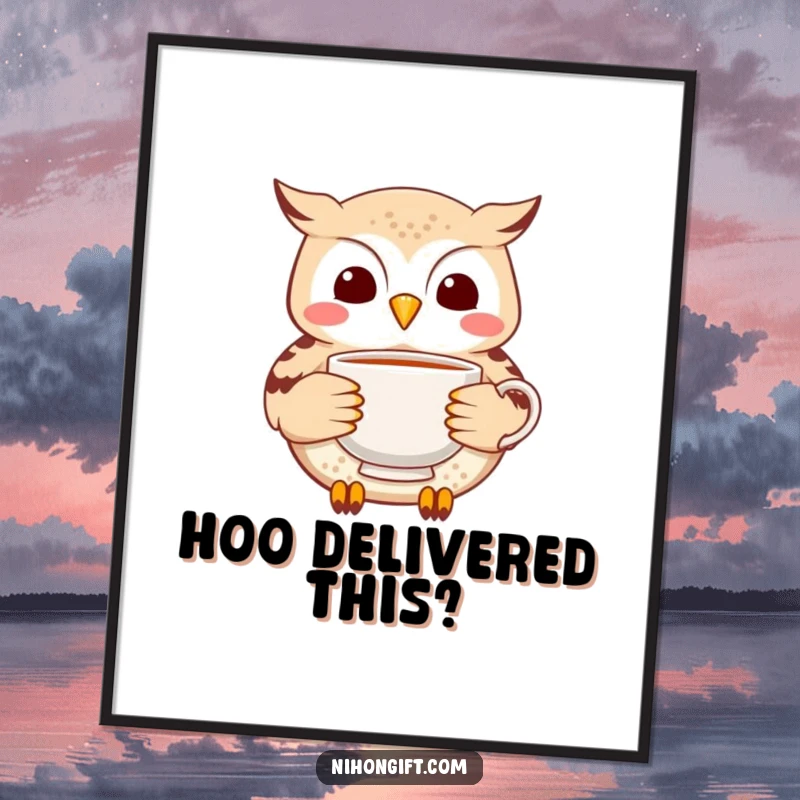 Funny Owl Tea Digital Art: A cheerful little owl carefully delivers a delicate ceramic tea cup, full of peace.