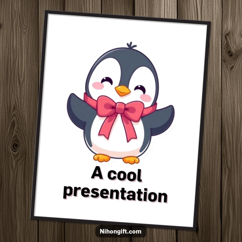 Funny digital art print of a cute penguin character presenting a beautifully tied ribbon, perfect for instant download.