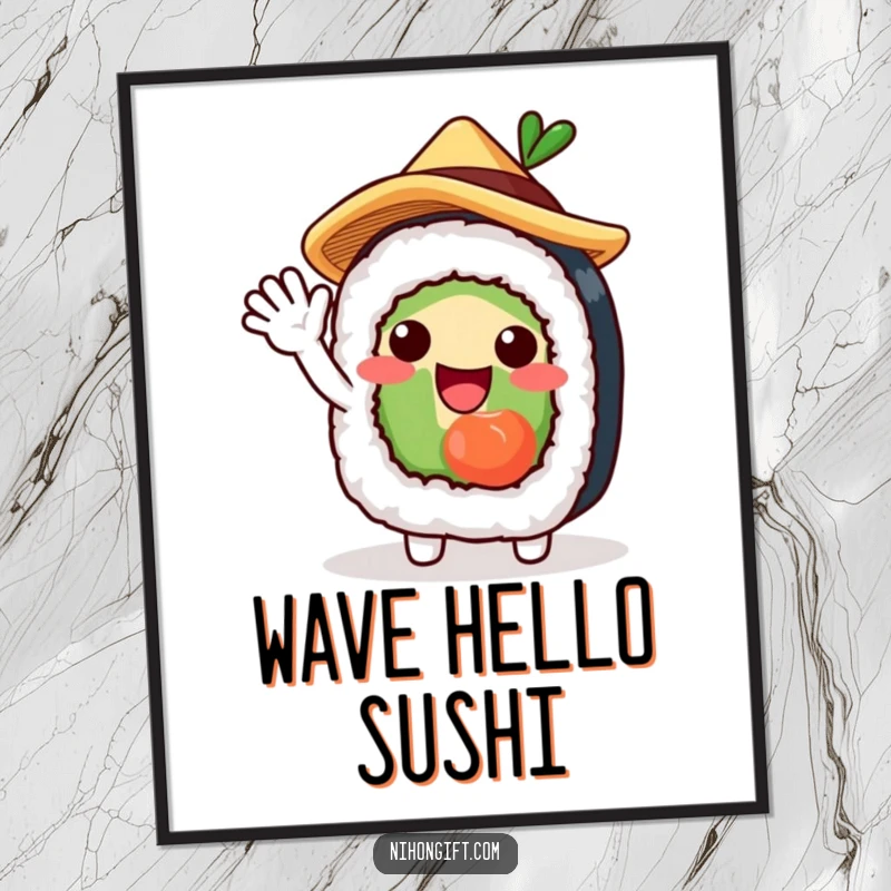 Funny digital art print of a charming sushi roll character in a straw hat, waving excitedly, perfect for instant download.