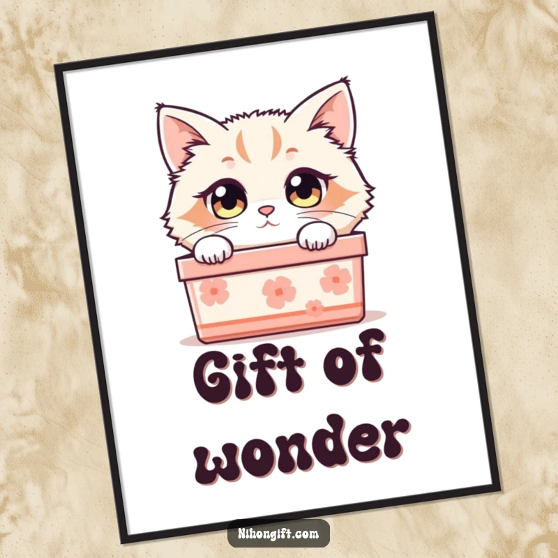 Funny cat digital art print of a fluffy cat with curious eyes peeking from a traditional Japanese gift box.