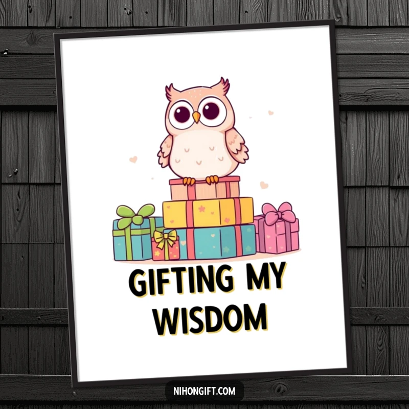 Funny kawaii owl sits on gifts, depicted in vibrant digital art for instant download and humorous display.