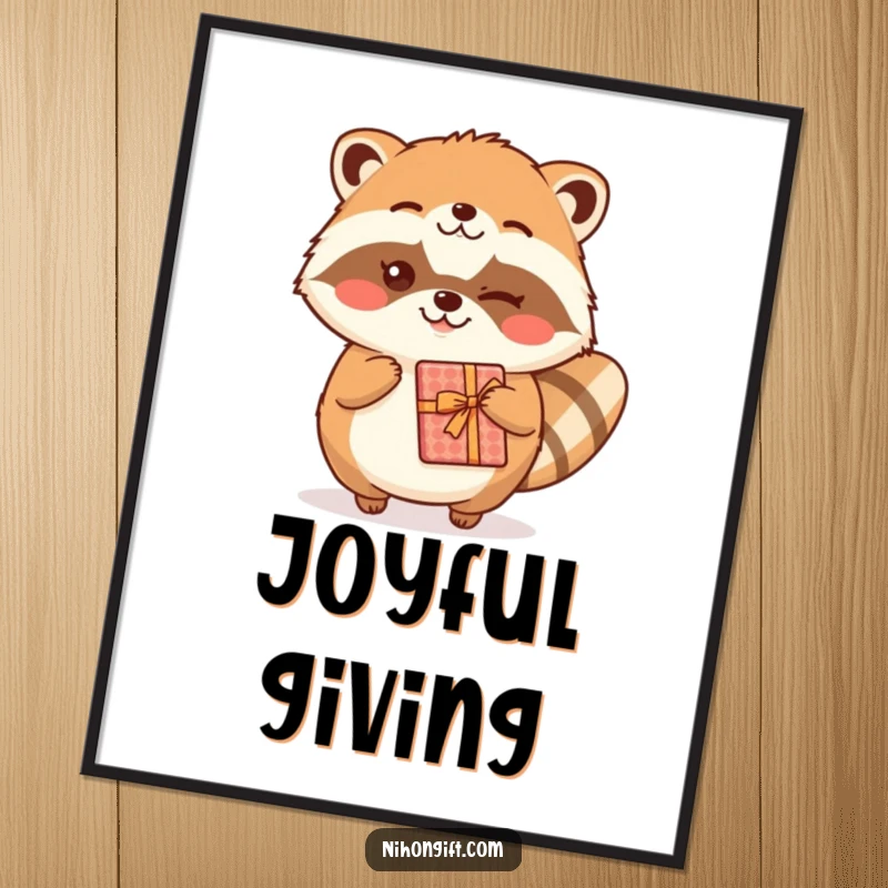 Funny kawaii tanuki digital art file, winking and offering a gift, ready for printing.
