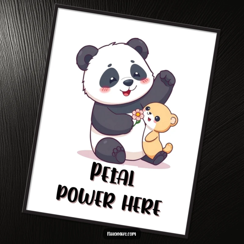 Funny digital art print of a playful panda enthusiastically gifting a flower, conveying kindness and humor.