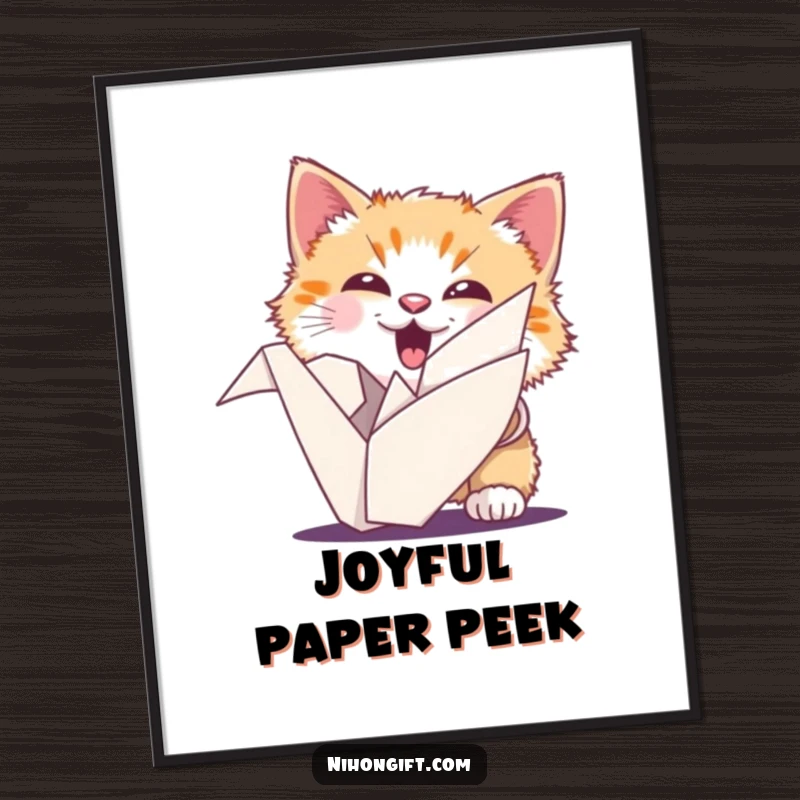 Funny cat digital art print of an ecstatic fluffy cat peeking from behind a beautifully folded origami crane.