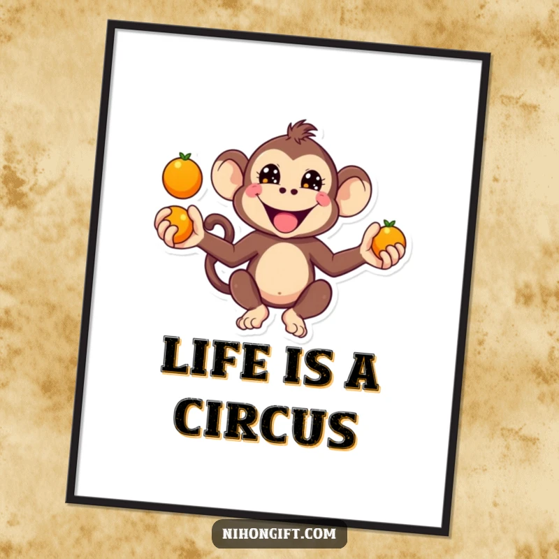 Funny Kawaii Monkey Digital Art Print showing a monkey juggling oranges with a mischievous grin.