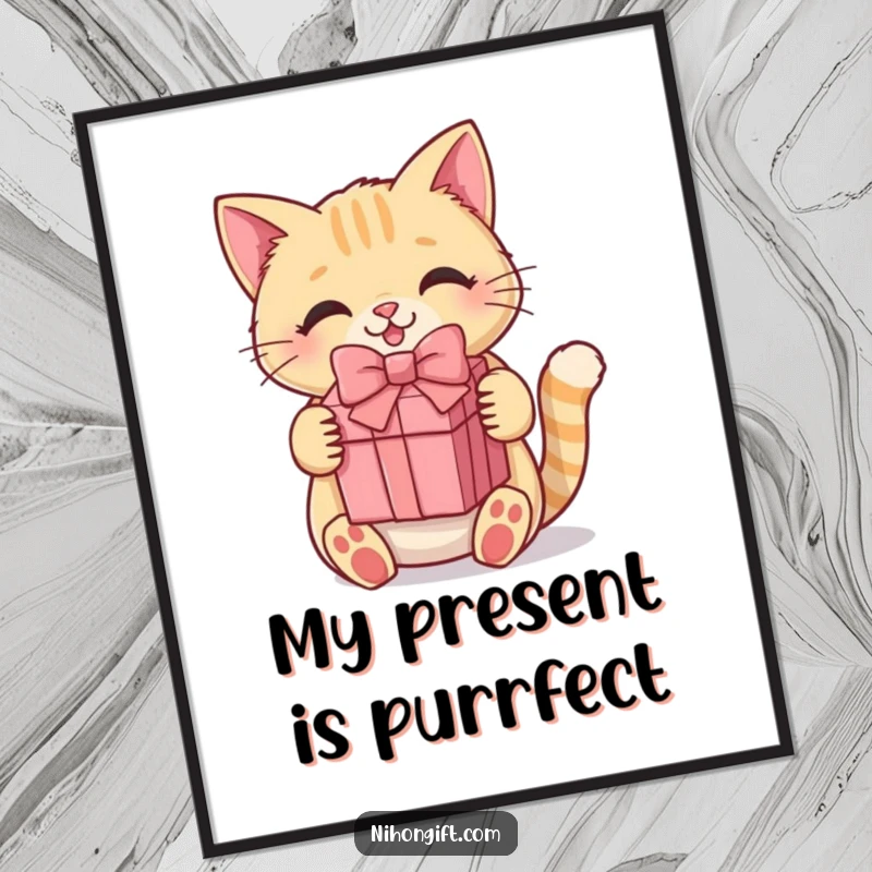 Funny kawaii cat digital art print showing a happy, cute kitten holding a gift box, ready for digital display.