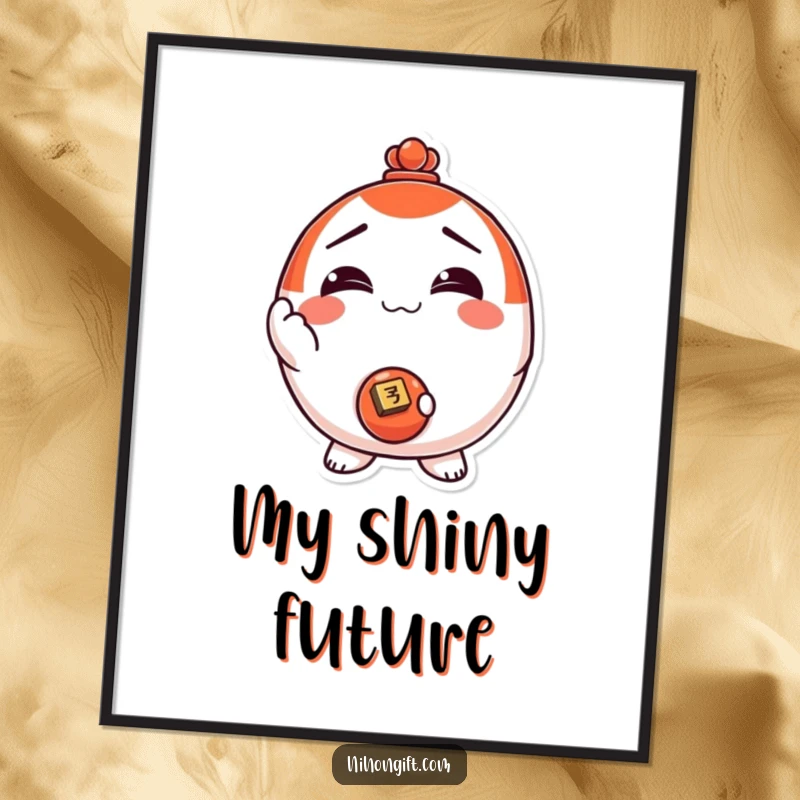 Funny! Digital art print of a smiling Daruma doll character offering a shiny coin, bringing luck, joy, and humor to any room.