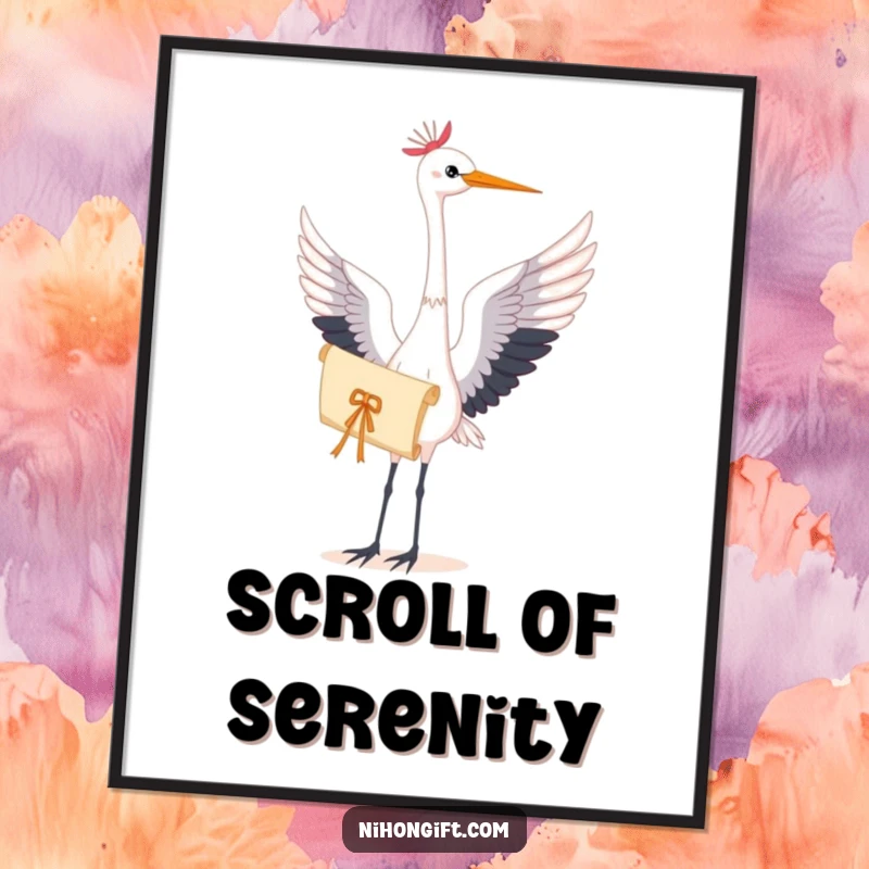 Digital art print of a graceful crane holding a delicate scroll, providing instant elegant decor for any space.