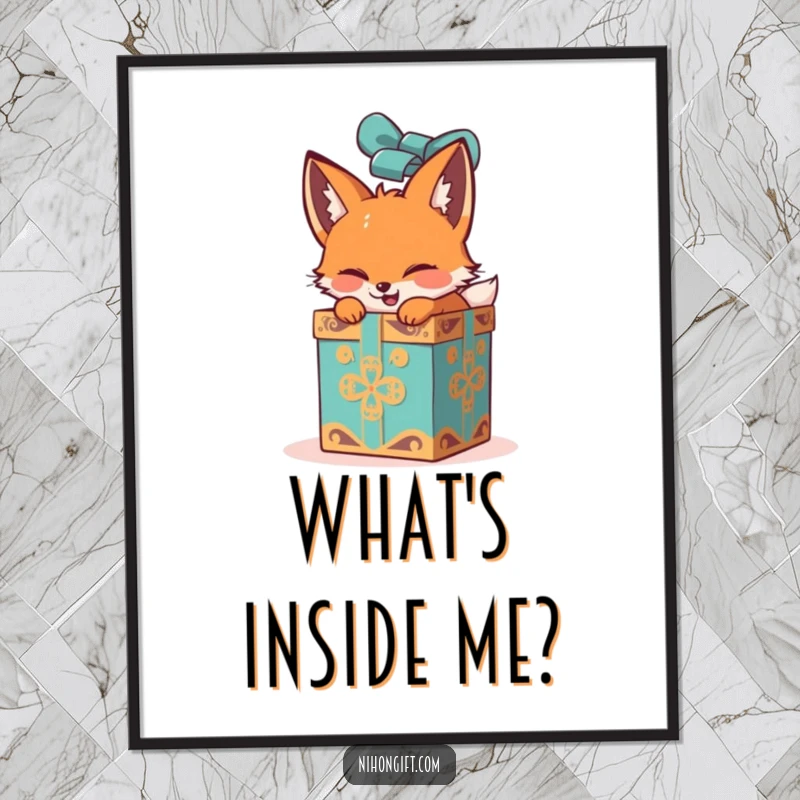 Funny fox digital art print of an excited unwrapping of a large, ornate gift box, ideal for instant decor.