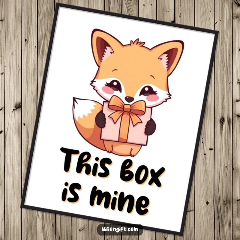 Funny digital art print of a cute fox holding a beautifully wrapped gift, perfect for humorous wall decor.