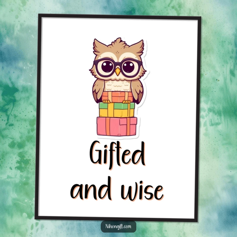 Funny owl digital art print of a wise owl balancing gift boxes, perfect for instant decor.