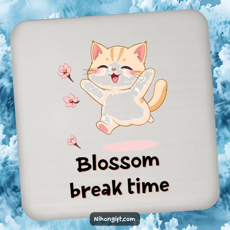 Funny drink coasters featuring a fluffy cat's joyful leap after a cherry blossom petal, adding a playful touch to any table setting.