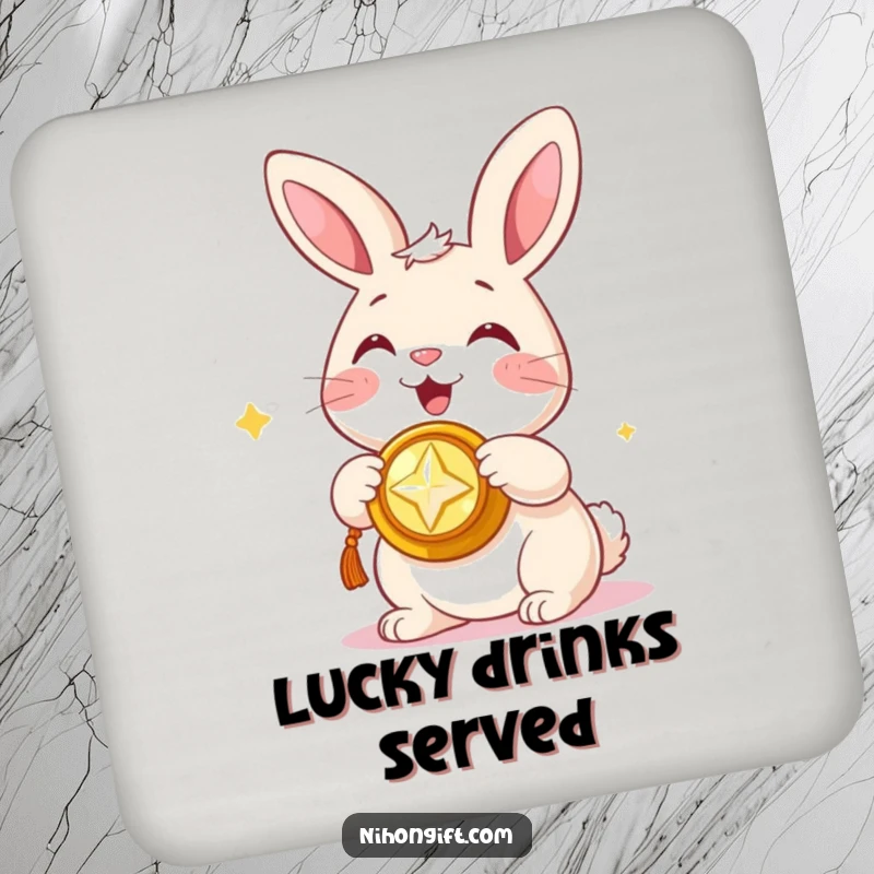 Funny drink coaster with a happy bunny presenting a shiny trinket, adding humor and luck to tables.