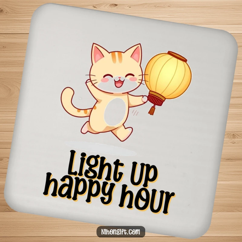 Funny drink coaster with a cheerful cat skipping while holding a large paper lantern, adding humor to tables.