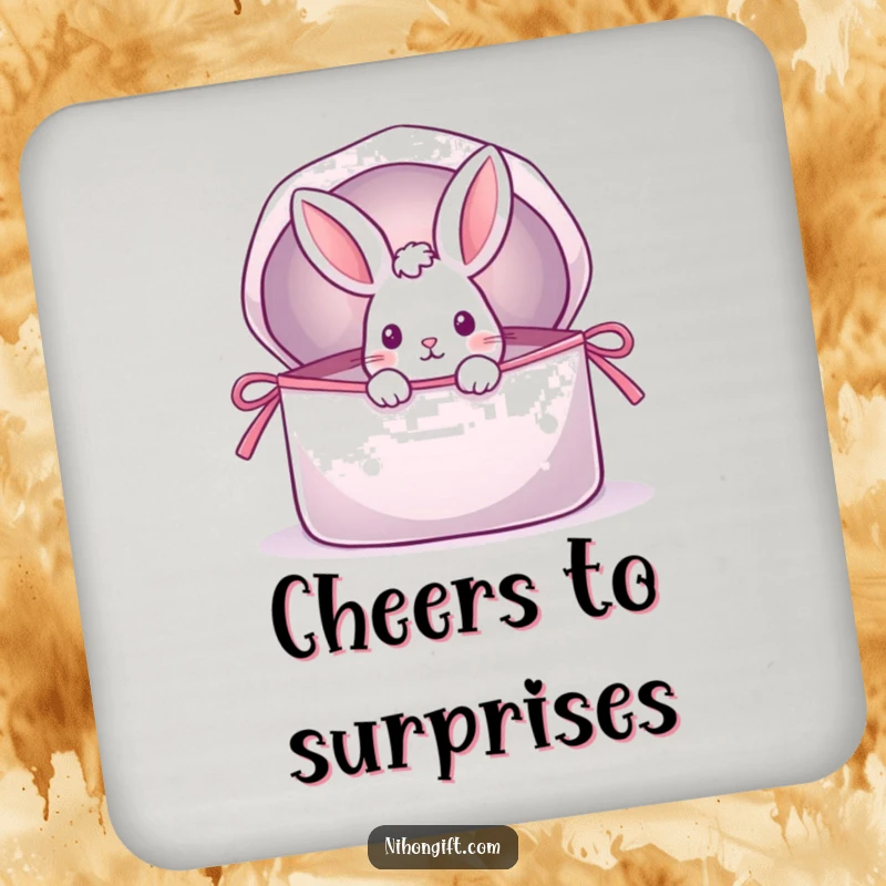 Funny drink coaster with a playful rabbit peeking from a shimmering, open gift bag, offering surface protection and whimsical charm.