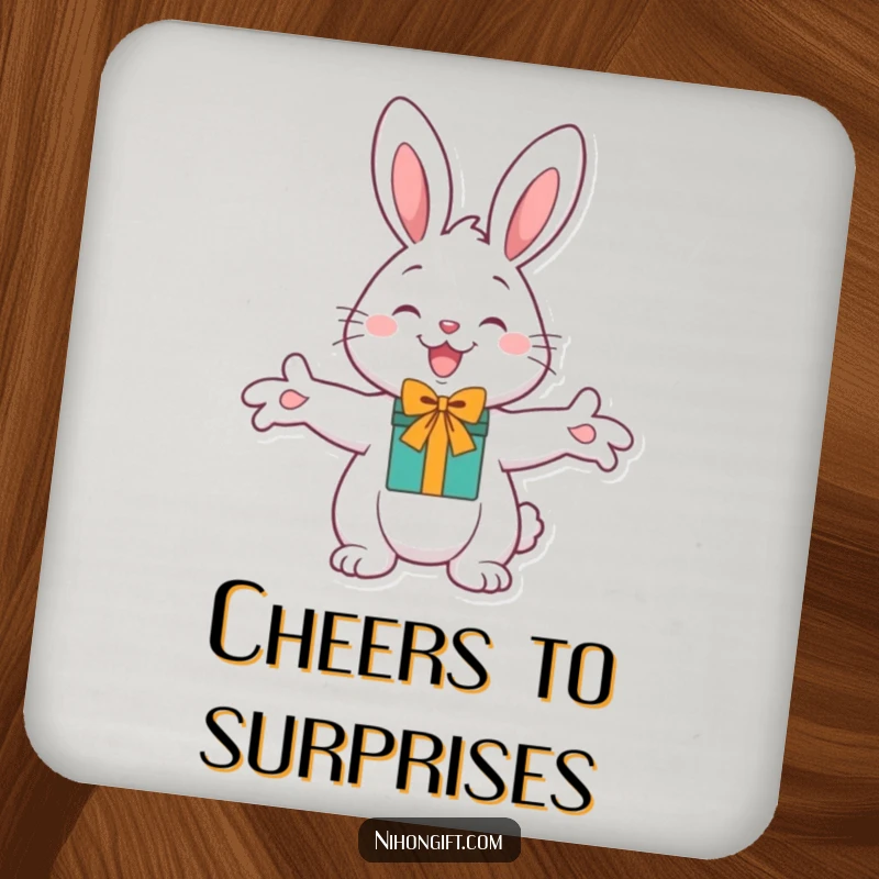Funny Cheerful Bunny Gift Coasters with outstretched paws, symbolizing generous humor and protecting surfaces.
