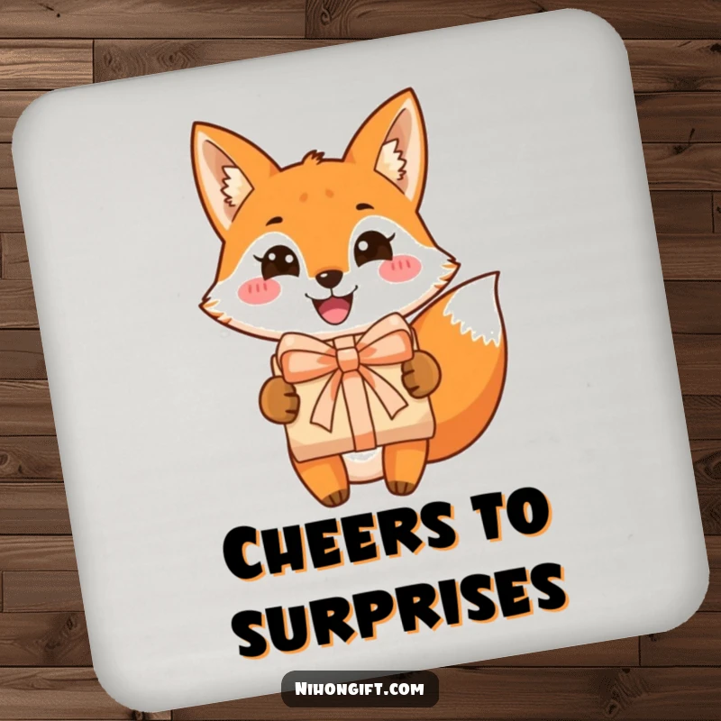 Funny fox coaster featuring a grinning fox presenting a beautifully wrapped gift, offering cheerful surface protection with a playful touch.
