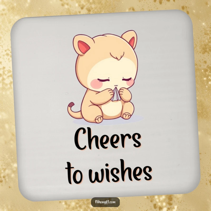 Funny drink coasters depicting a bowing creature holding a small paper crane, adding artistic flair to any table.